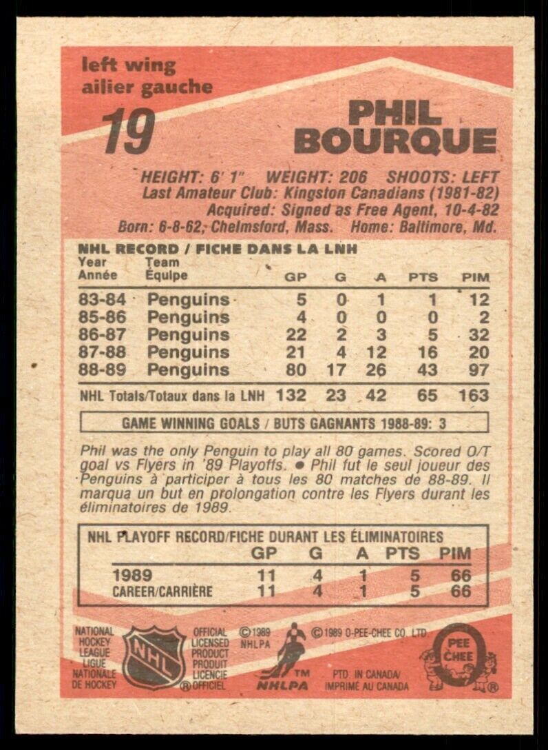 1989-90 O-Pee-Chee Phil Bourque Rookie . Pittsburgh Penguins #19