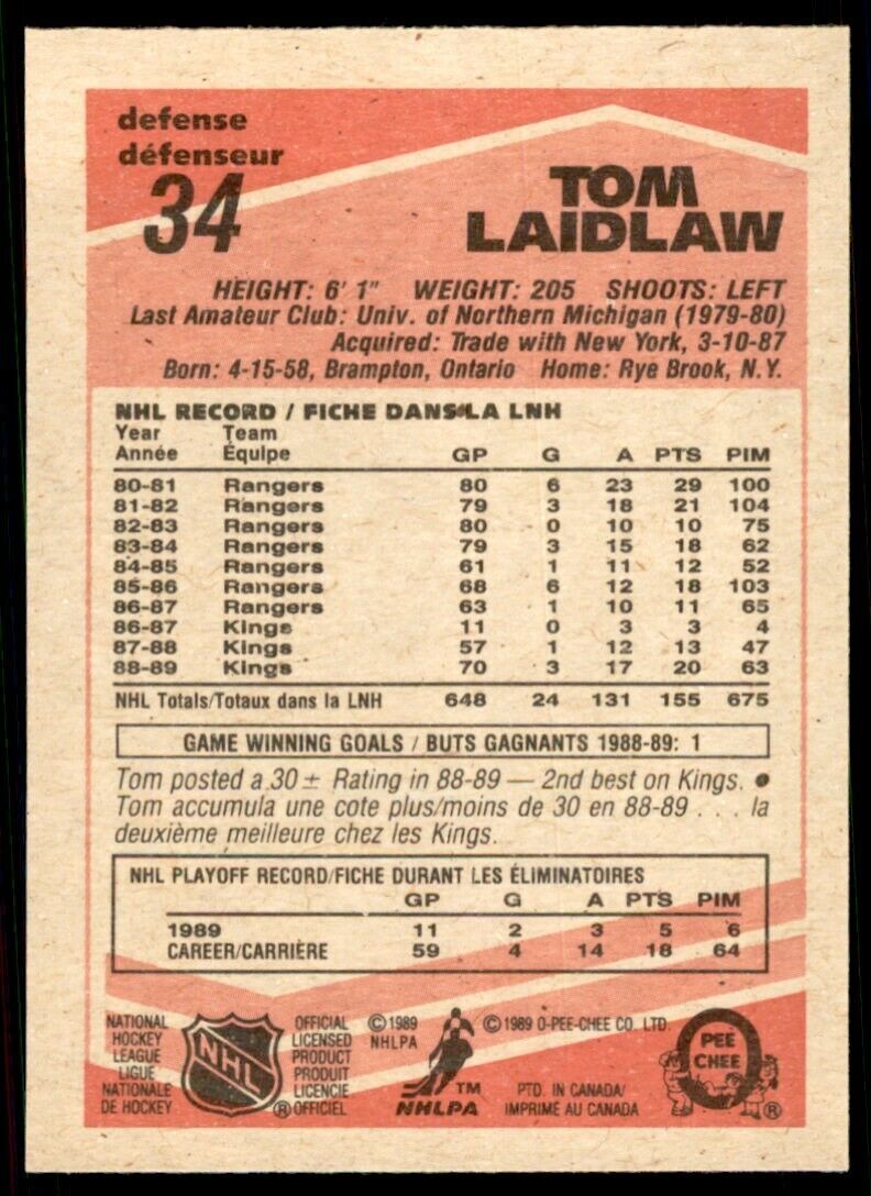 1989-90 O-Pee-Chee Tom Laidlaw . Los Angeles Kings #34