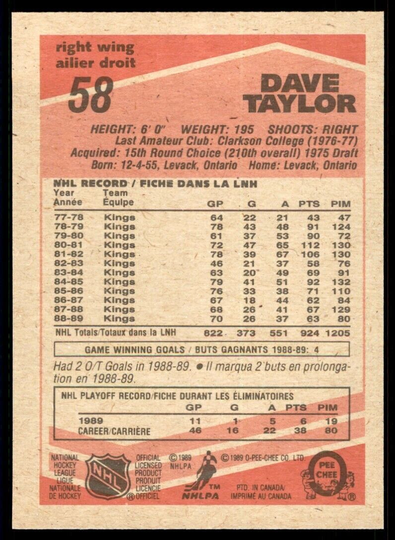 1989-90 O-PEE-CHEE DAVE TAYLOR . LOS ANGELES KINGS #58