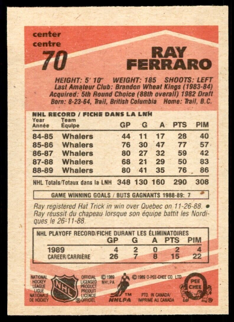 1989-90 O-PEE-CHEE RAY FERRARO . HARTFORD WHALERS #70