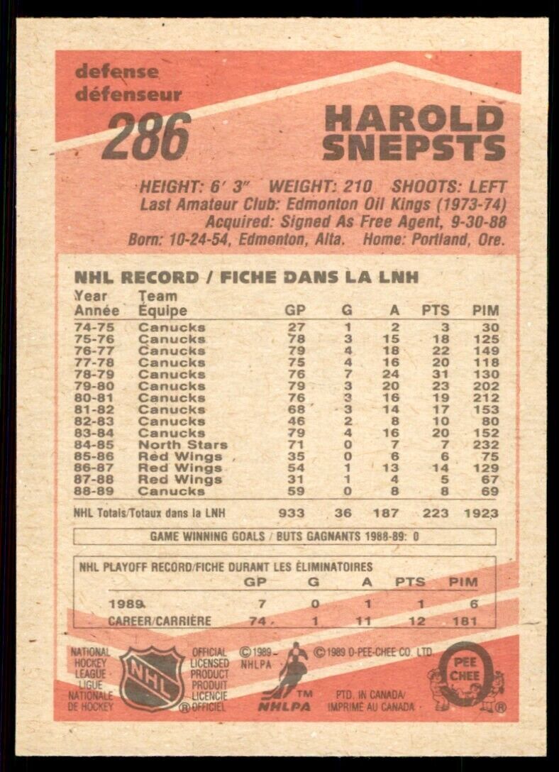 1989-90 O-PEE-CHEE HAROLD SNEPSTS . VANCOUVER CANUCKS #286