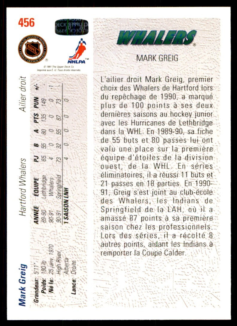 1991-92 Upper Deck French Mark Greig . Hartford Whalers #456