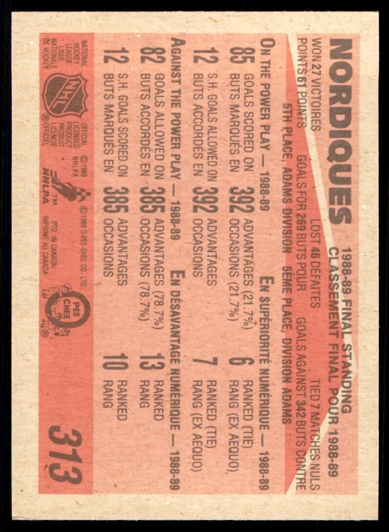 1989-90 O-Pee-Chee Quebec Nordiques . Quebec Nordiques #313
