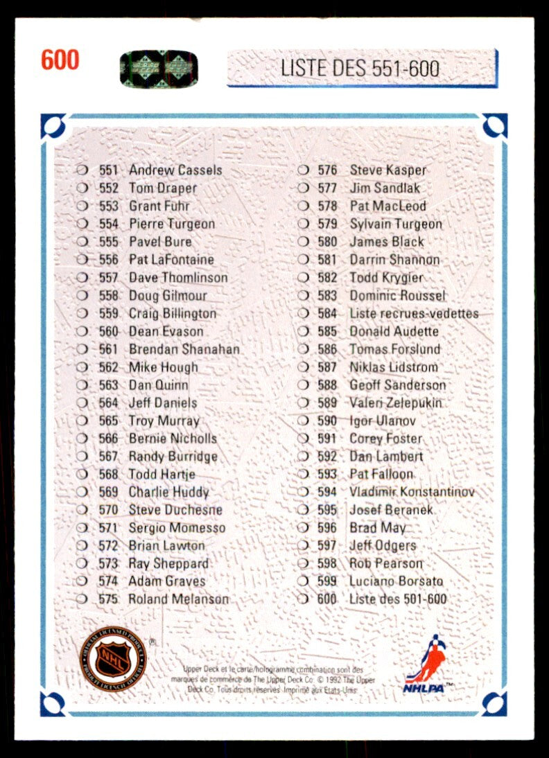 1991-92 Upper Deck French Checklist Liste Des 501-600 . #600