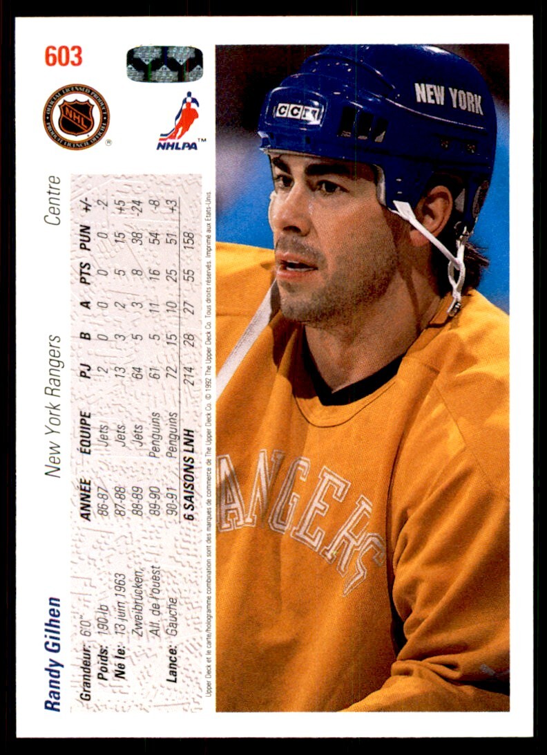 1991-92 Upper Deck French Randy Gilhen . New York Rangers #603