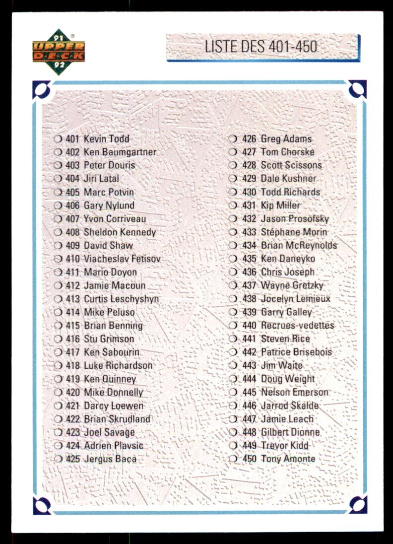 1991-92 Upper Deck French Checklist Liste Des 401-500 . #500
