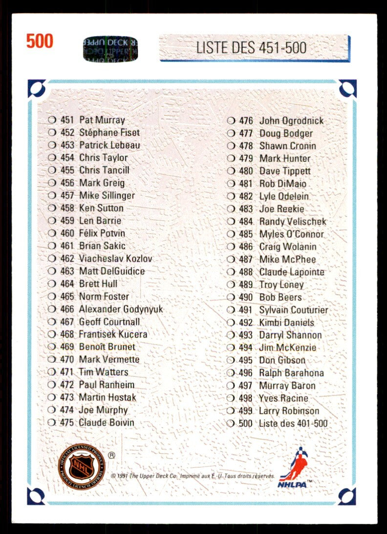 1991-92 Upper Deck French Checklist Liste Des 401-500 . #500
