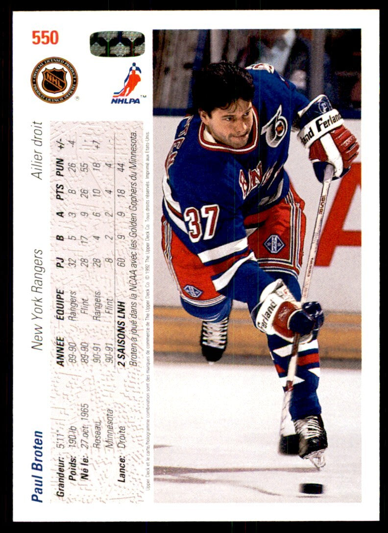 1991-92 Upper Deck French Paul Broten . New York Rangers #550