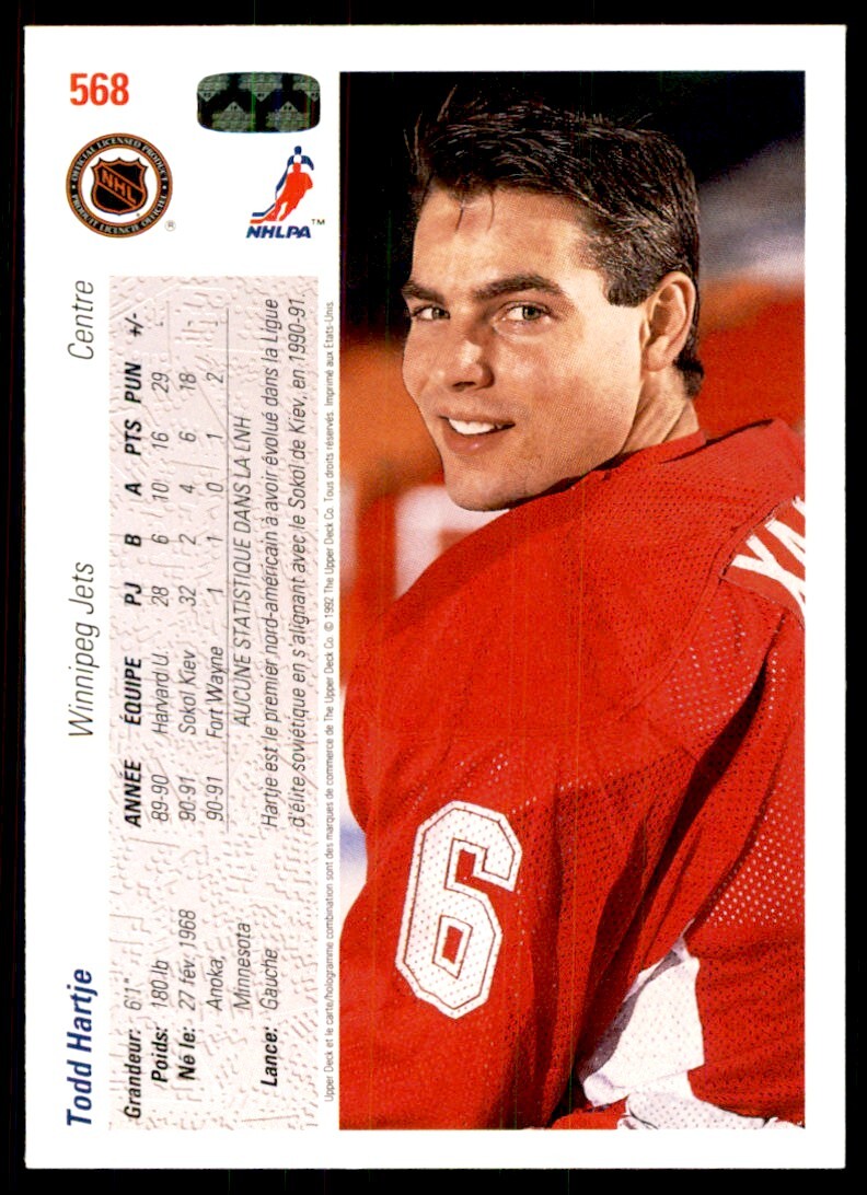 1991-92 Upper Deck French Tod Hartje Rookie . Winnipeg Jets #568
