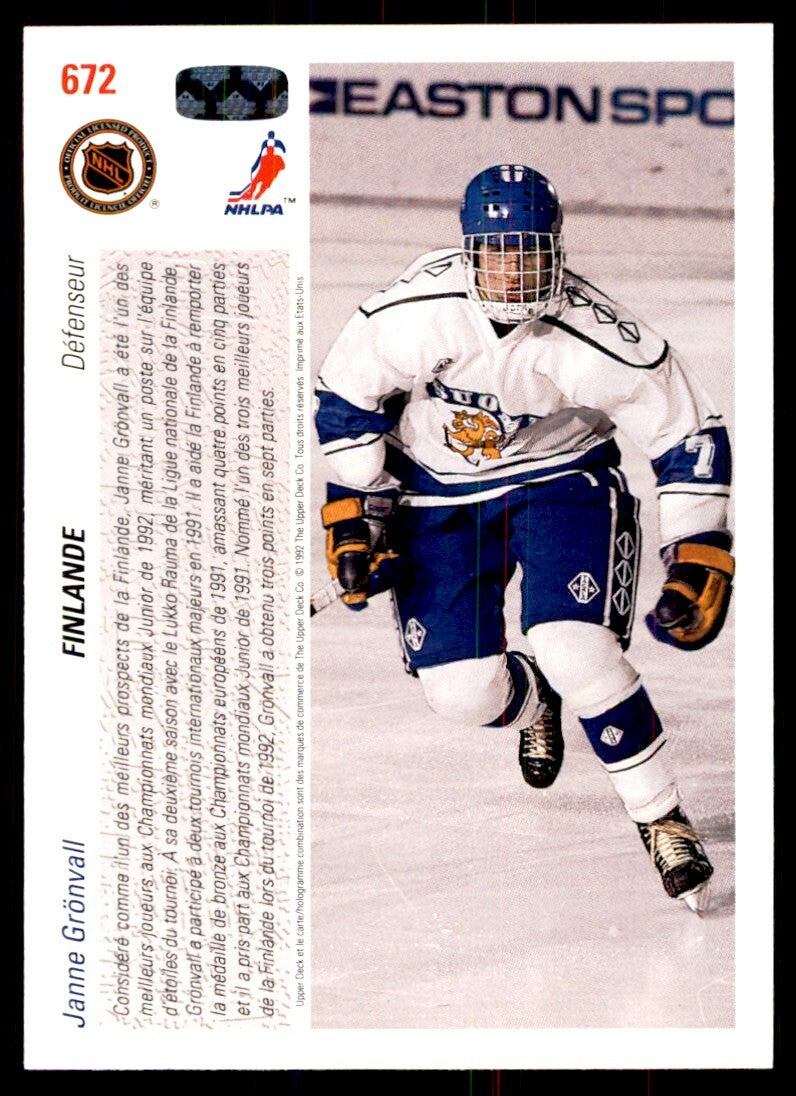 1991-92 Upper Deck French Janne Gronvall Rookie . Finland #672