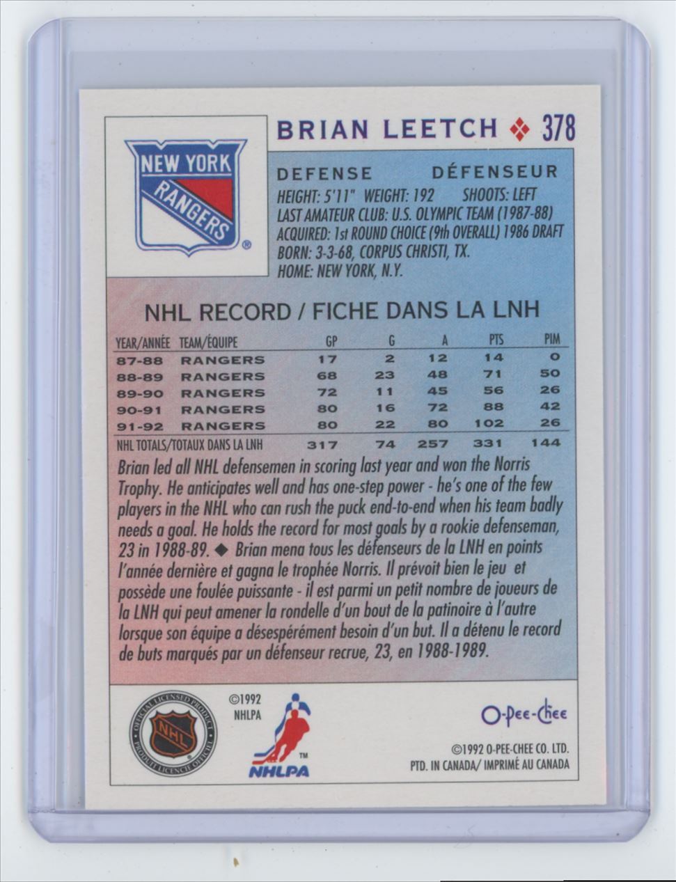 1992-93 O-Pee-Chee Brian Leetch . New York Rangers #378
