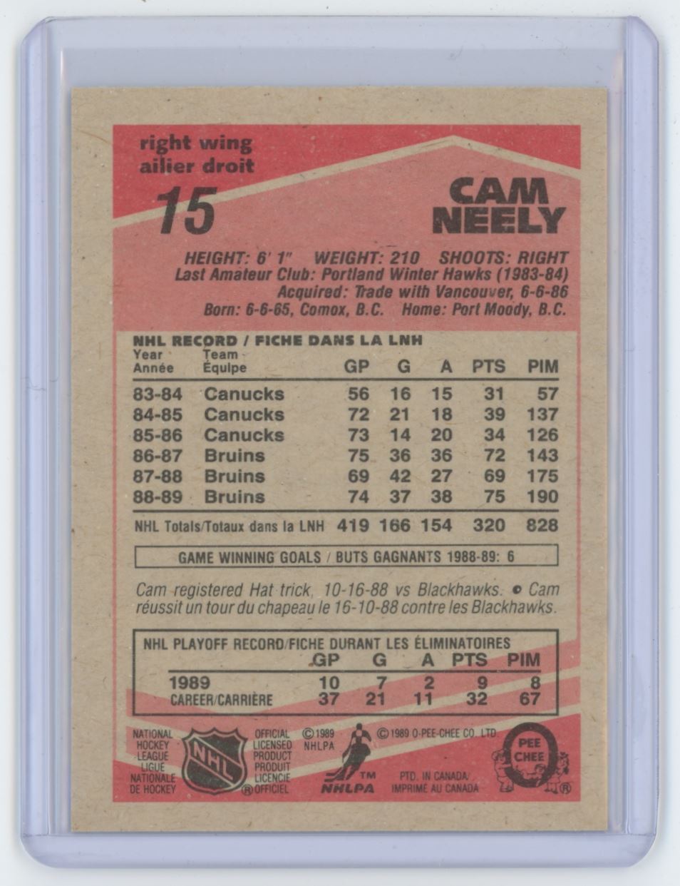1989-90 O-Pee-Chee Cam Neely . Boston Bruins #15