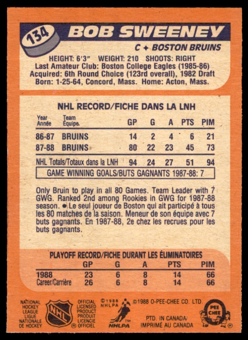 1988-89 O-Pee-Chee Bob Sweeney Rookie . Boston Bruins #134