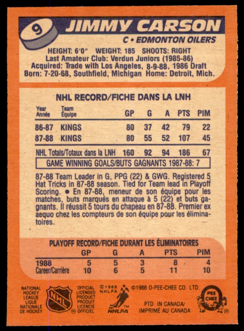 1988-89 O-Pee-Chee Jimmy Carson . Edmonton Oilers #9