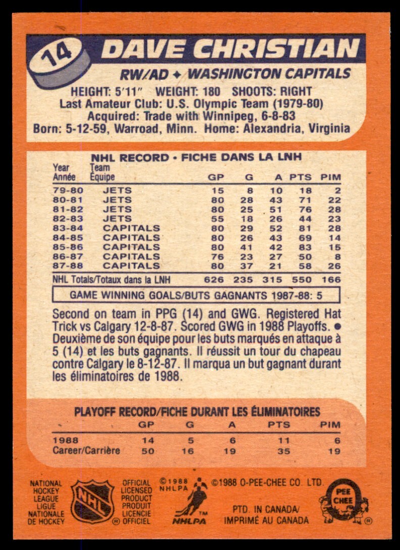 1988-89 O-Pee-Chee Dave Christian . Washington Capitals #14