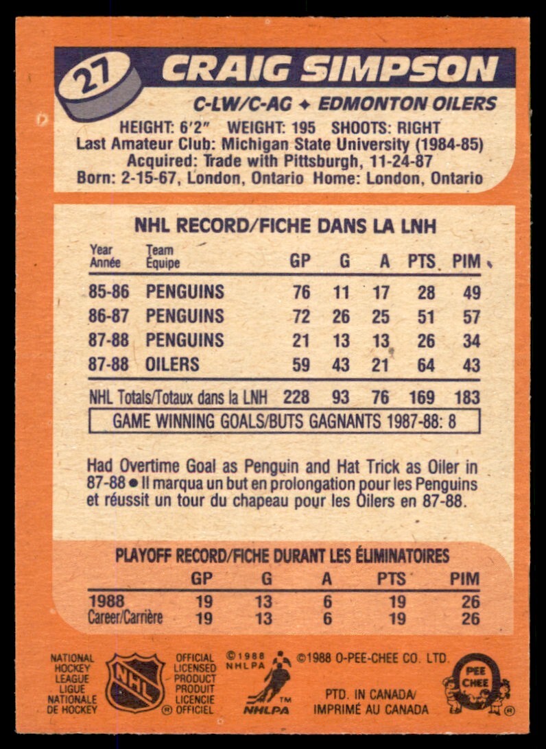 1988-89 O-Pee-Chee Craig Simpson . Edmonton Oilers #27