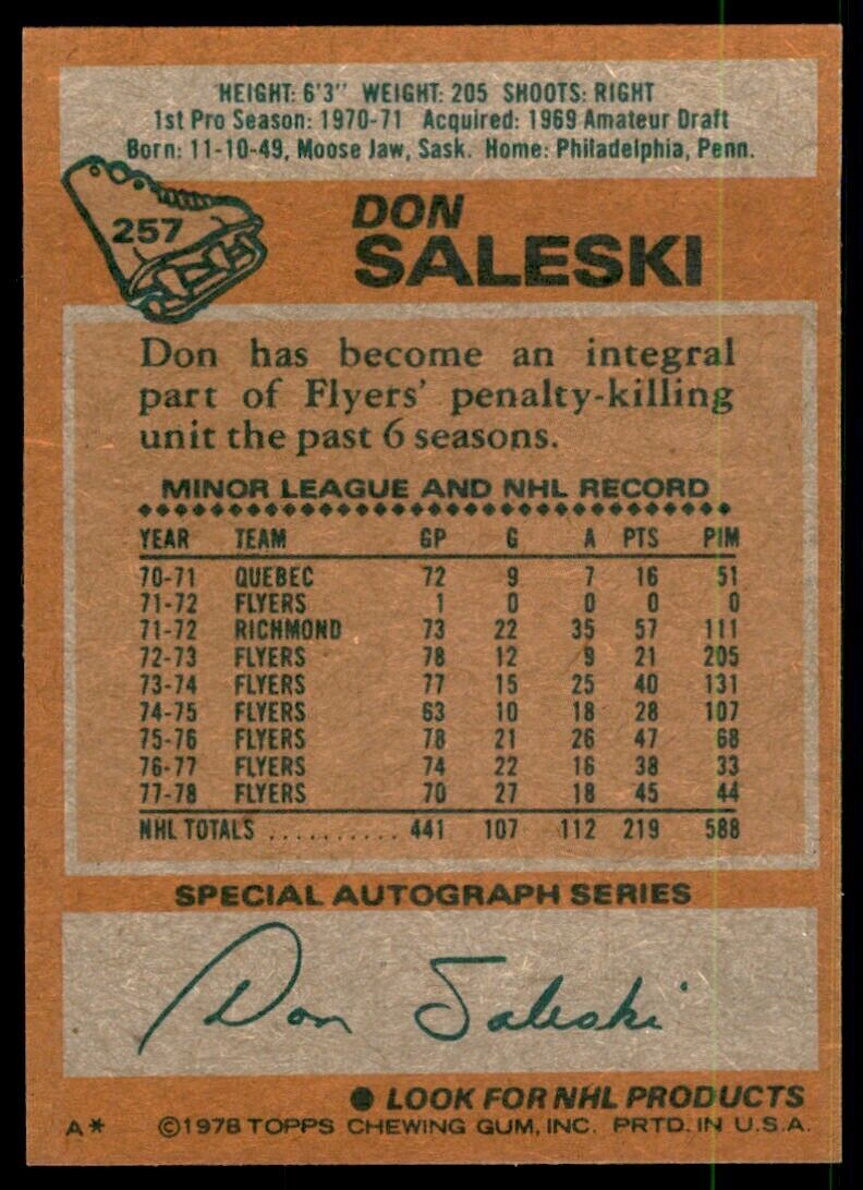 1978-79 Topps Hockey Card Don Saleski Big Bird Philadelphia Flyers #257