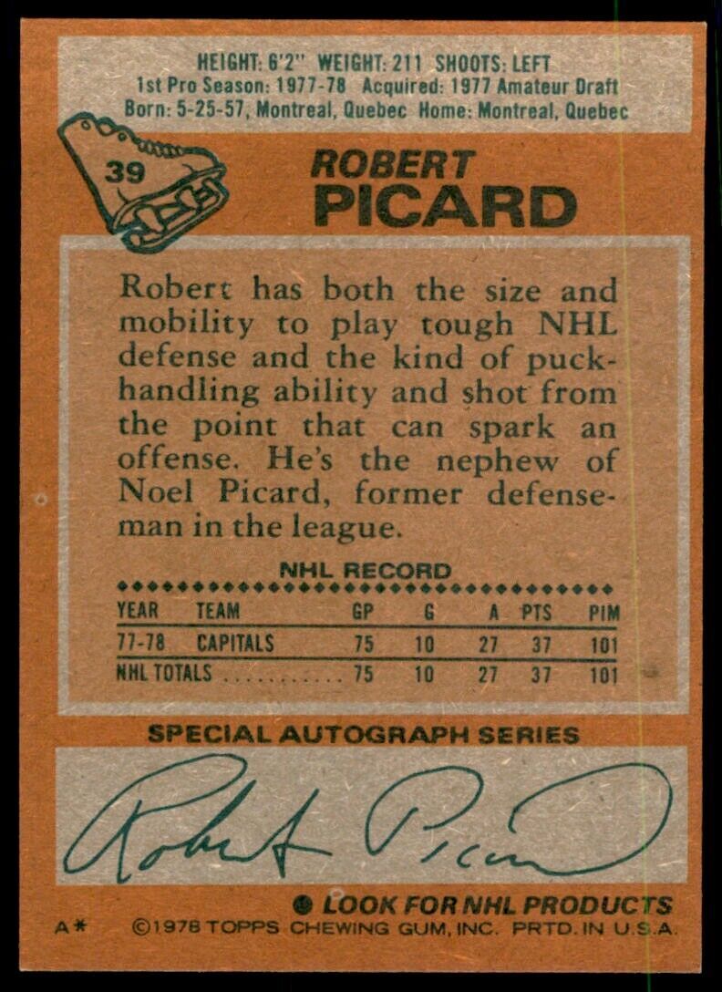 1978-79 Topps Hockey Card Robert Picard Rookie caps Washington Capitals #39