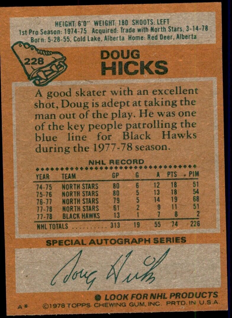 1978-79 Topps Hockey Card Doug Hicks . Chicago Blackhawks #228