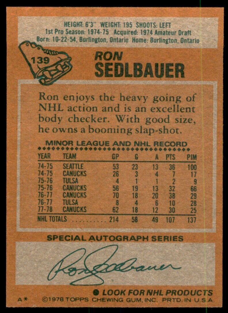 1978-79 Topps Hockey Card Ron Sedlbauer lw Vancouver Canucks #139