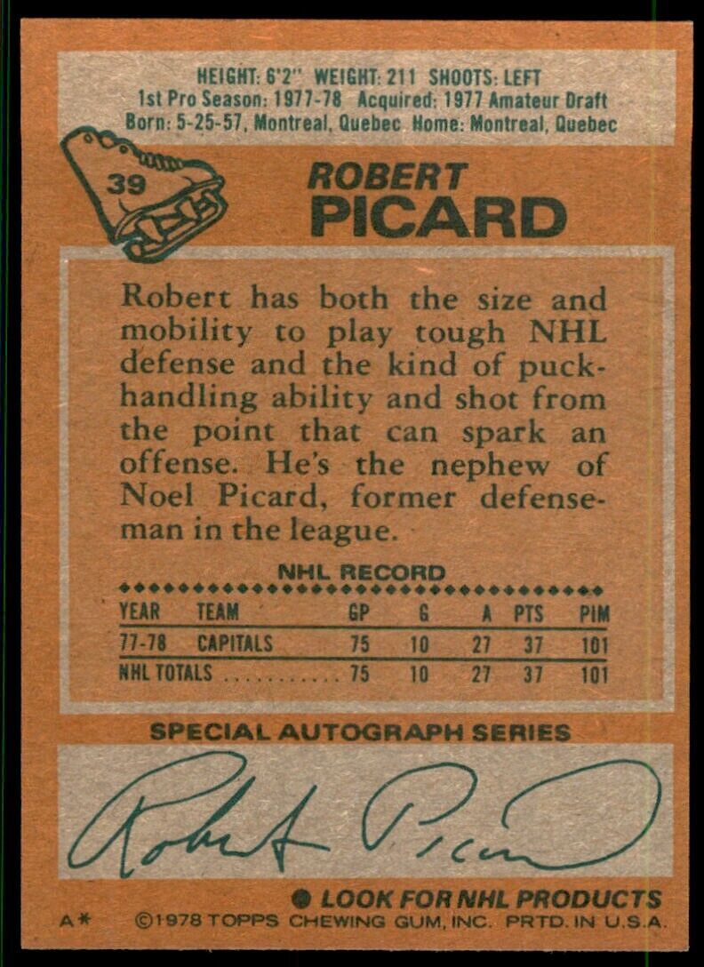 1978-79 Topps Hockey Card Robert Picard Rookie 24 Washington Capitals #39