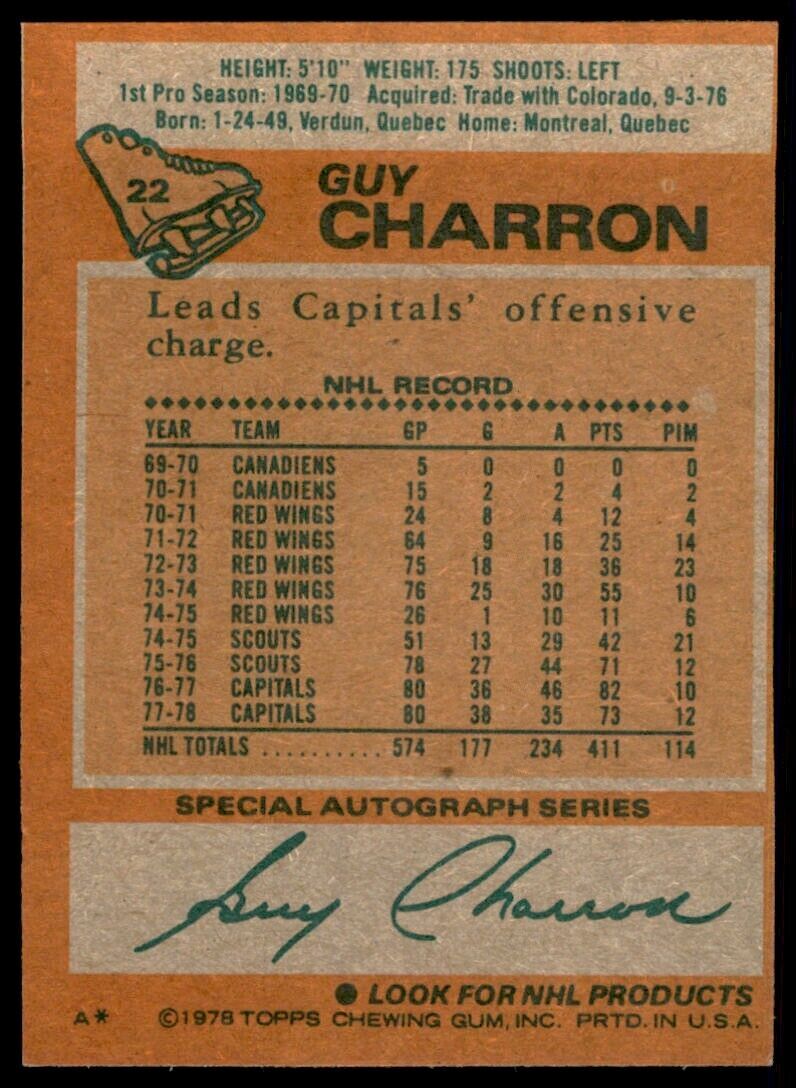 1978-79 Topps Hockey Card Guy Charron Washington Capitals #22