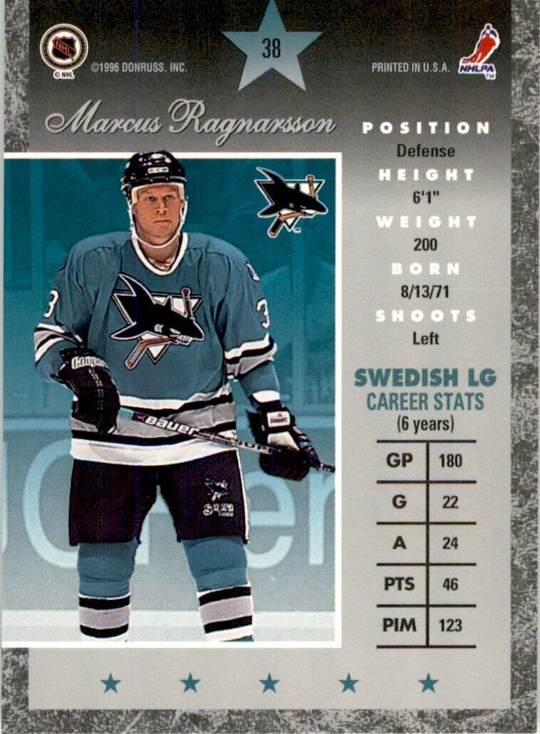 1996-97 Donruss Elite Marcus Ragnarsson Rookie . San Jose Sharks #38