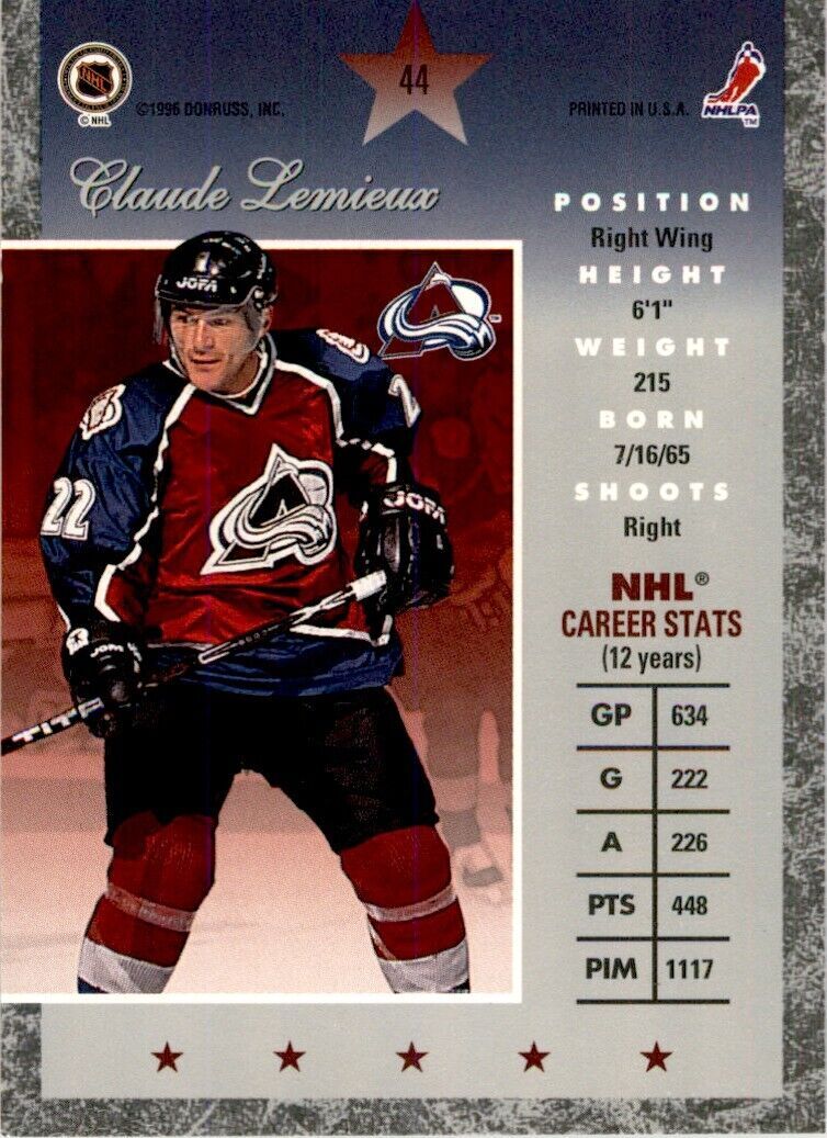 1996-97 Donruss Elite Claude Lemieux . Colorado Avalanche #44