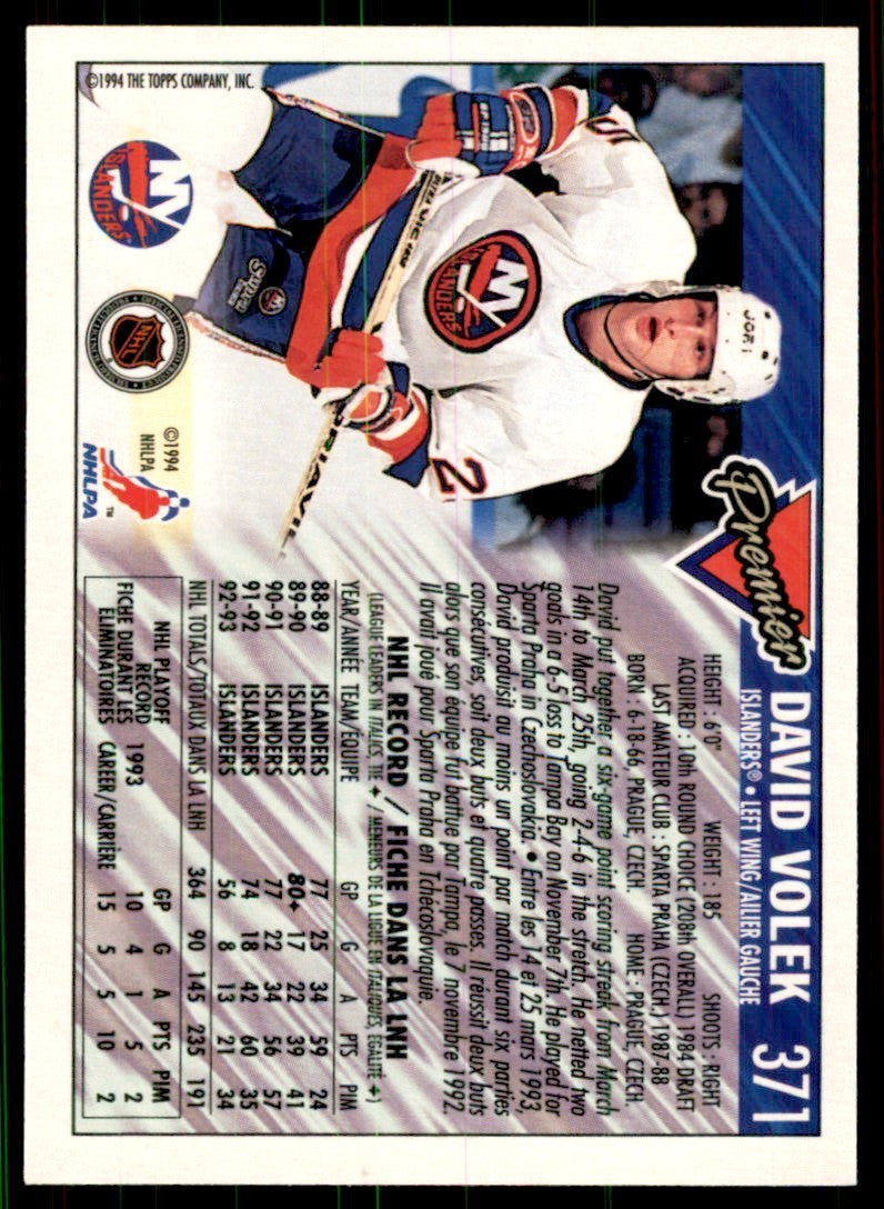 1993-94 Topps Premier David Volek . New York Islanders #371