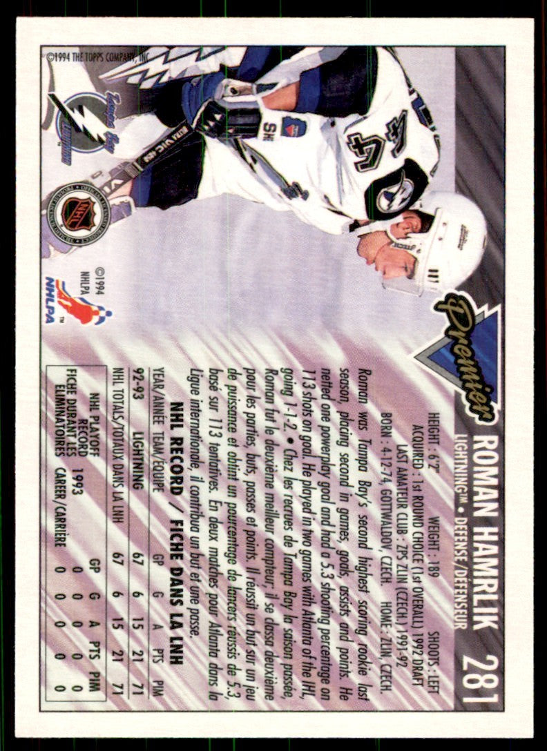 1993-94 Topps Premier Roman Hamrlik . Tampa Bay Lightning #281
