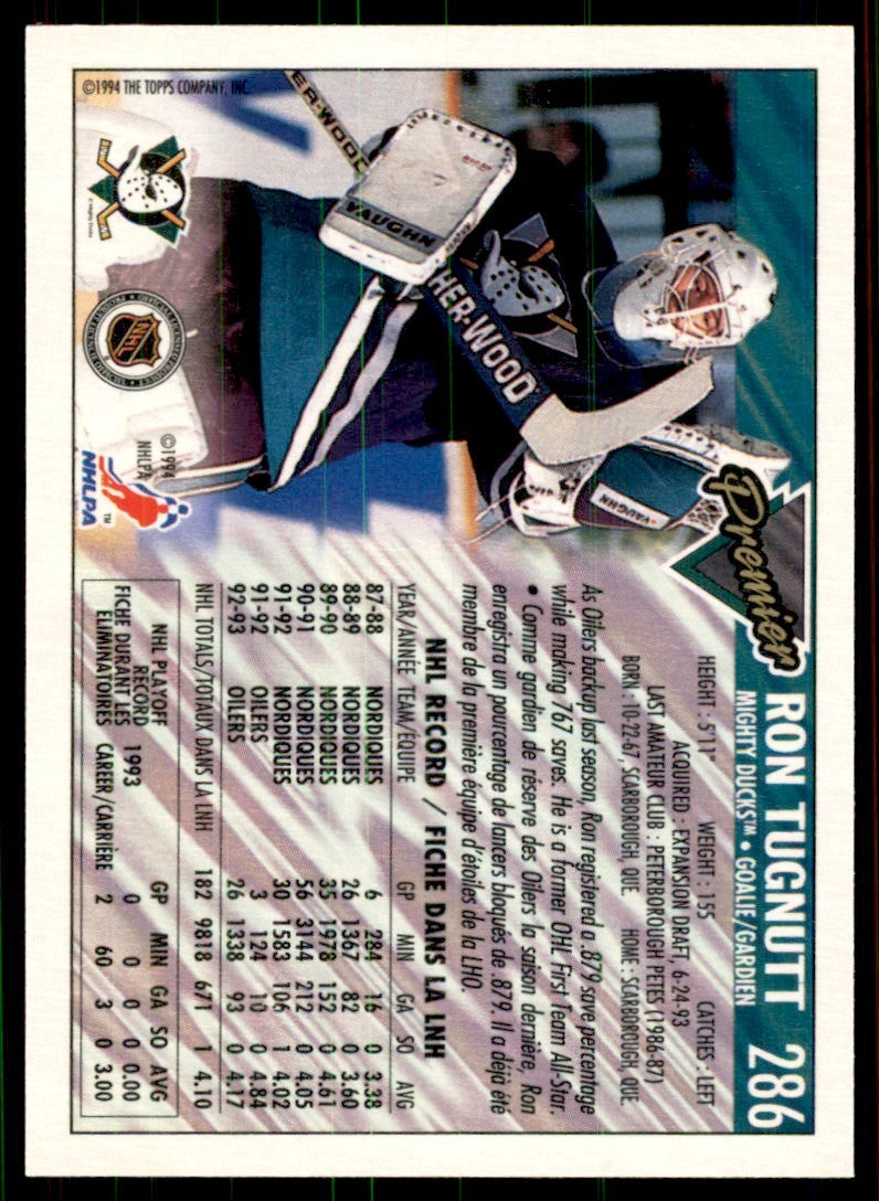1993-94 Topps Premier Ron Tugnutt . Anaheim Mighty Ducks #286