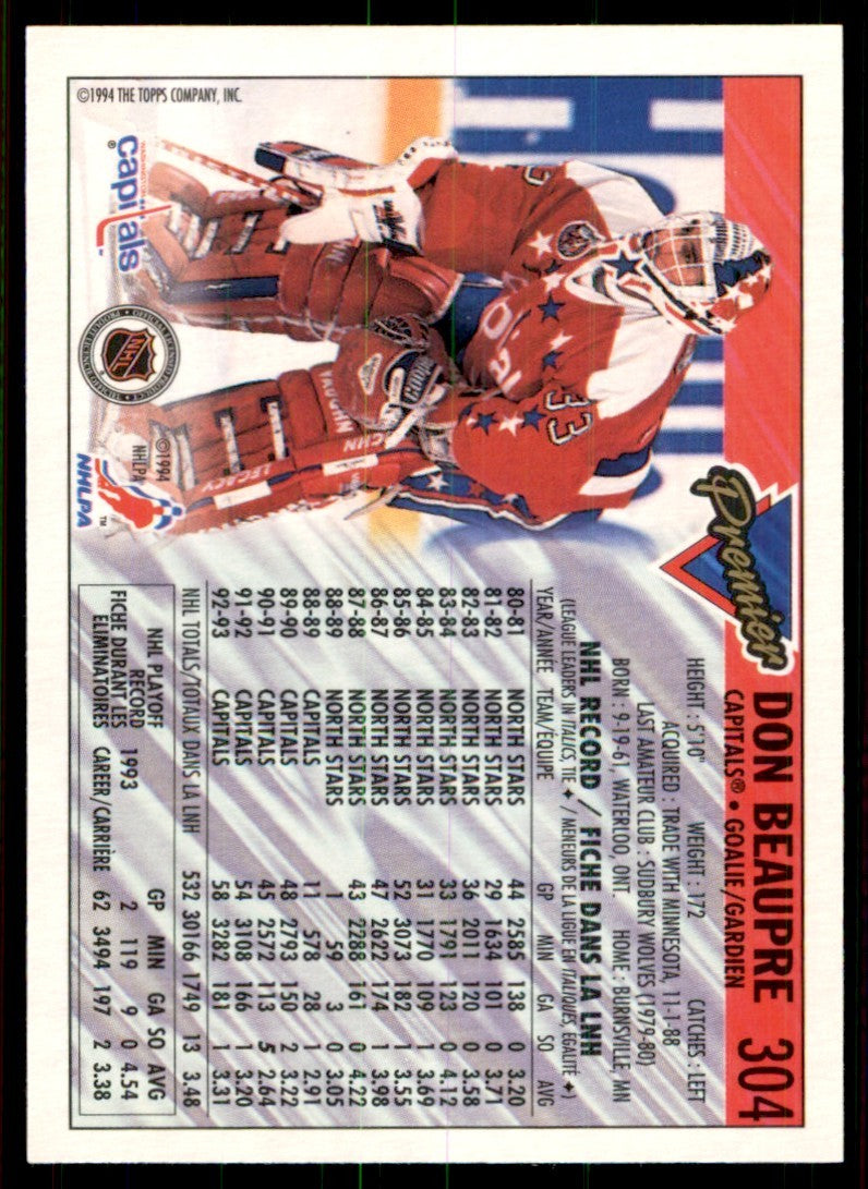 1993-94 Topps Premier Don Beaupre . Washington Capitals #304