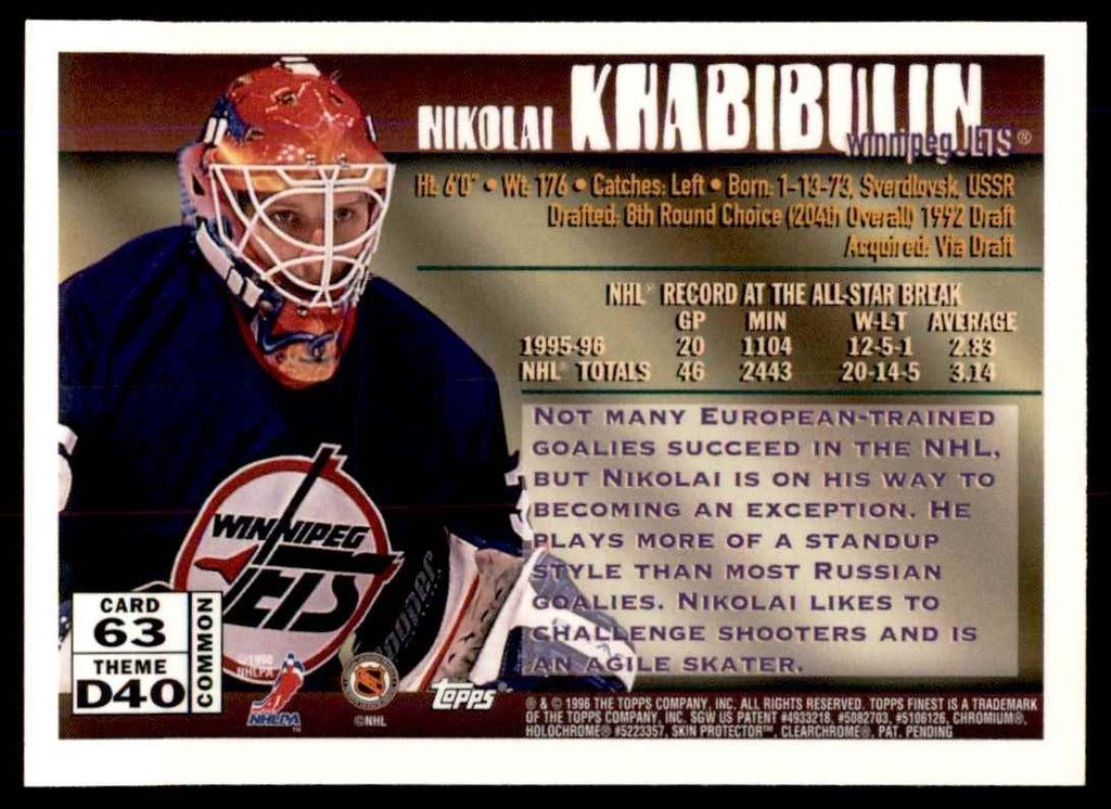 1996-97 FINEST WITH COATING NIKOLAI KHABIBULIN. WINNIPEG JETS #63