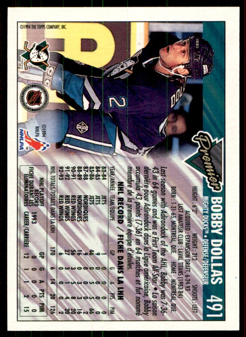 1993-94 Topps Premier Bobby Dollas Rookie . Anaheim Mighty Ducks #491