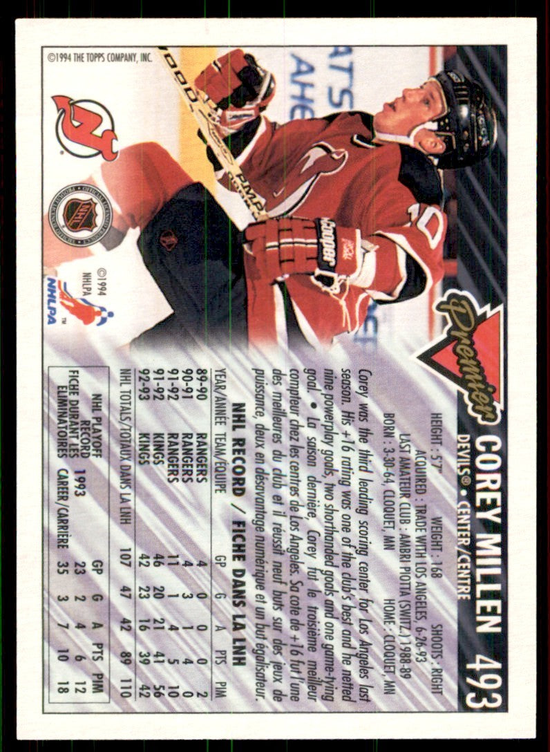 1993-94 Topps Premier Corey Millen . New Jersey Devils #493