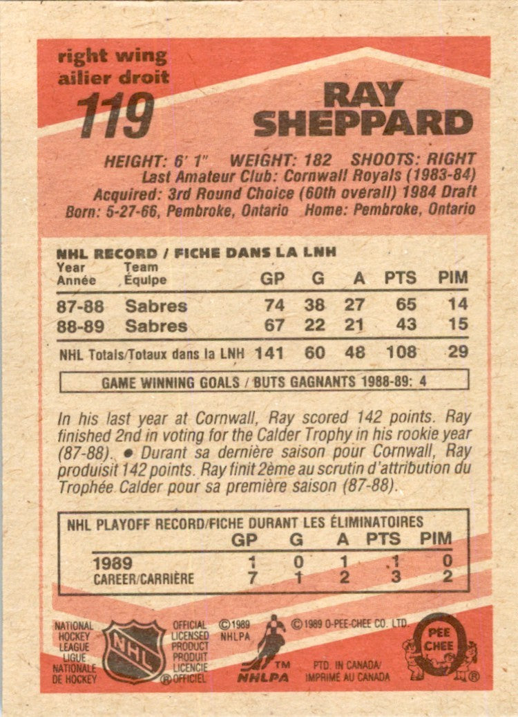 1989-90 O-PEE-CHEE RAY SHEPPARD BUFFALO SABRES #119