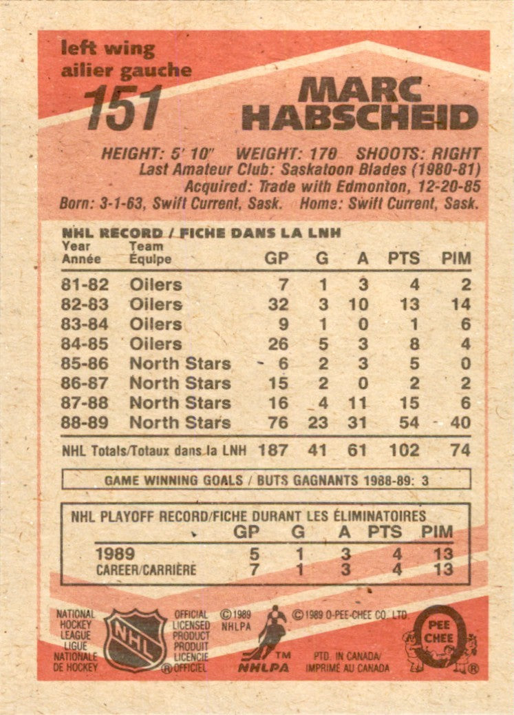 1989-90 O-PEE-CHEE MARC HABSCHEID DETROIT RED WINGS #151