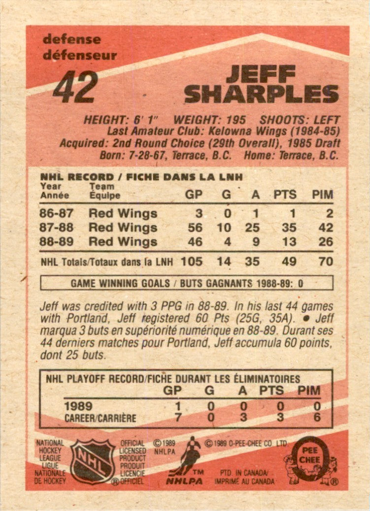 1989-90 O-PEE-CHEE JEFF SHARPLES DETROIT RED WINGS #42