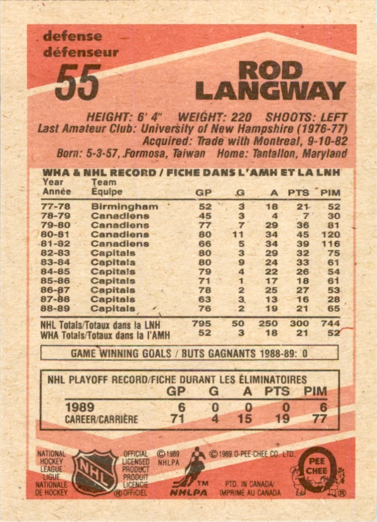 1989-90 O-PEE-CHEE ROD LANGWAY WASHINGTON CAPITALS #55