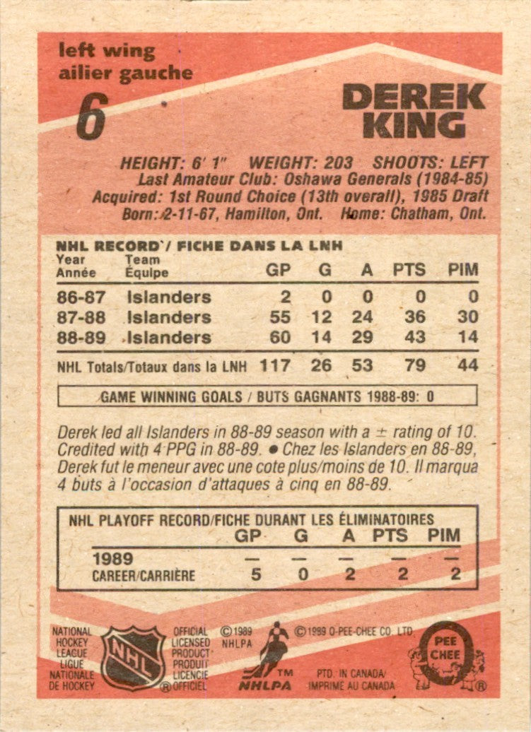 1989-90 O-PEE-CHEE DEREK KING NEW YORK ISLANDERS #6