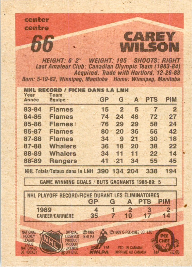 1989-90 O-PEE-CHEE CAREY WILSON NEW YORK RANGERS #66
