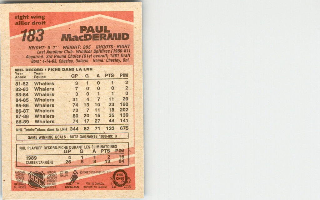 1989-90 O-PEE-CHEE PAUL MACDERMID HARTFORD WHALERS #183