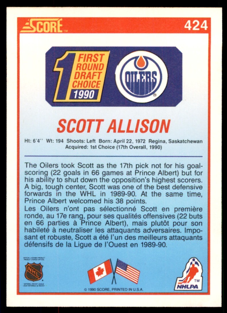 1990-91 Score Canadian Scott Allison Rookie Edmonton Oilers #424