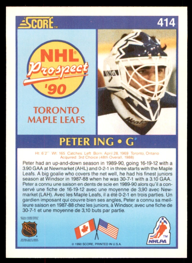 1990-91 Score Canadian Peter Ing Rookie Toronto Maple Leafs #414