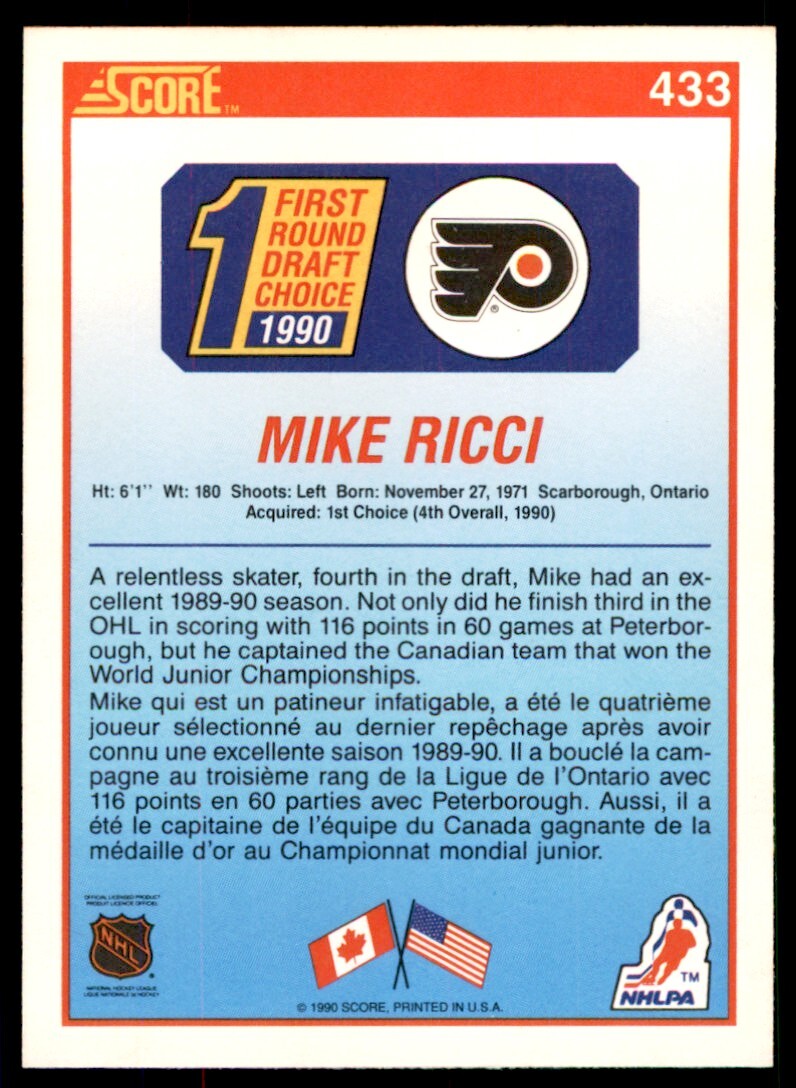 1990-91 Score Canadian Mike Ricci Rookie Philadelphia Flyers #433
