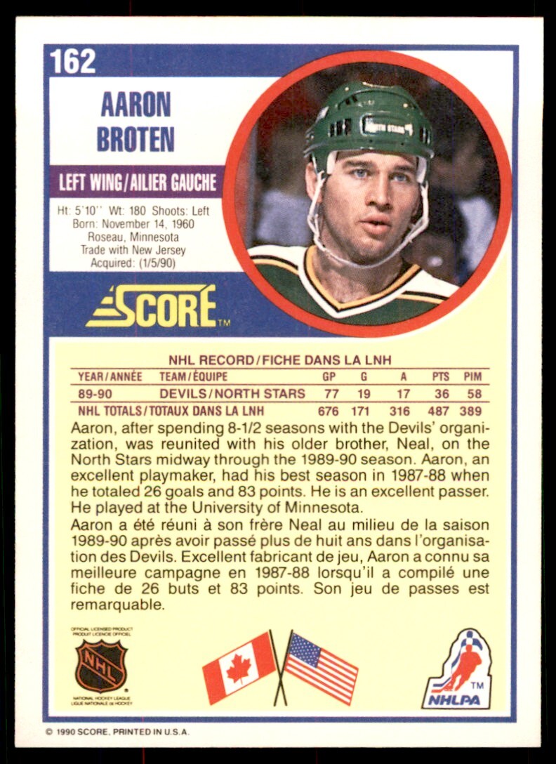1990-91 Score Canadian Aaron Broten Minnesota North Stars #162