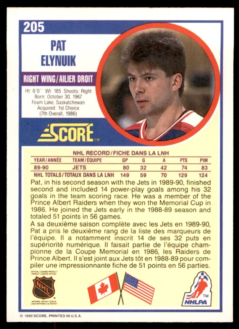 1990-91 Score Canadian Pat Elynuik Winnipeg Jets #205