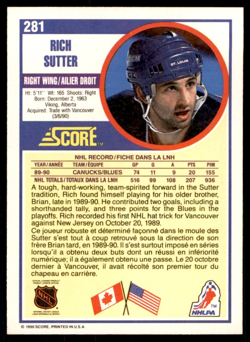 1990-91 Score Canadian Rich Sutter St. Louis Blues #281