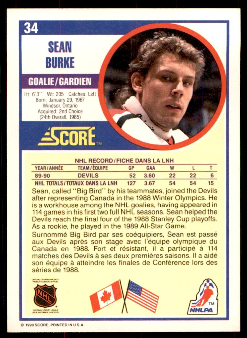 1990-91 Score Canadian Sean Burke . New Jersey Devils #34