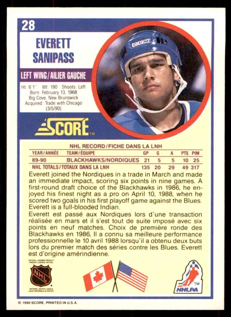 1990-91 Score Canadian Everett Sanipass Rookie . Quebec Nordiques #28